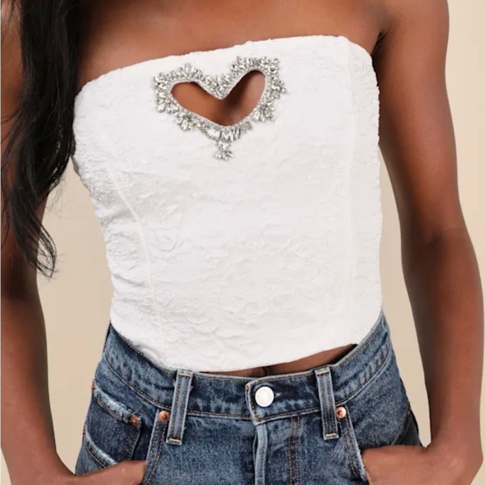 Lulus Amias White Jacquard Cutout Crop Top